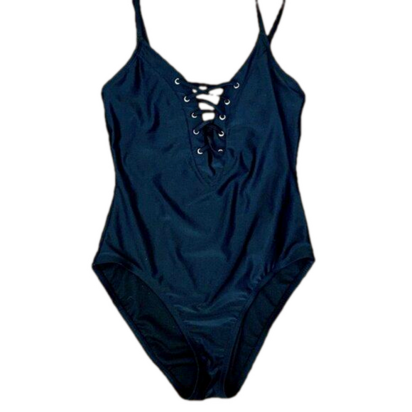 BLACK one piece swimsuit SZ 10 - adjustable straps - lace up V-Neck - Picture 1 of 3